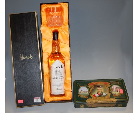 Harrod's 8 year old pure malt scotch whisky, 75cl, 43%, in gift set with glass; and a William Grant's miniature collection, 6