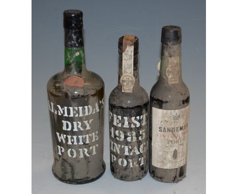 Almeida's dry white port, one bottle; Feist vintage port, 1985, one half bottle; and Sandeman vintage port, 1982, one half bo