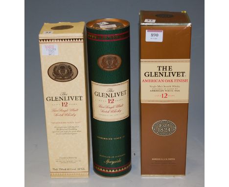 Glenlivet American oak finish aged 12 years single malt scotch whisky, 1 litre, 40%, in carton; Glenlivet aged 12 years pure 