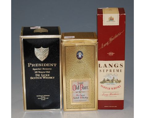 Grand Old Parr aged 12 years Deluxe scotch whisky, 1 litre, 43%, in carton; President 12 year old Special Reserve Deluxe scot