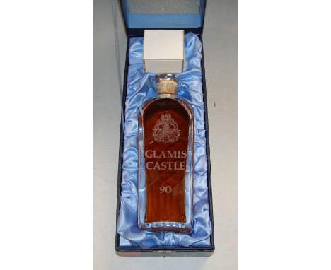 Glamis Castle 90 decanter blended scotch whisky, aged for 25 years and bottled in a Royal Brierley full lead crystal decanter