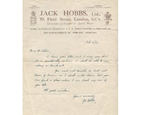 HOBBS JACK: (1882-1963) English Cricketer. A.L.S., J B Hobbs, one page, 4to, Fleet Street, London, 9th February 1932, to Mr. 