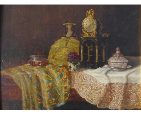 Late 19th century Continental school, Still life of a mantel clock, a doll, a tureen, books and table cloths, oil on panel, 2