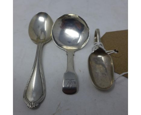 Three silver caddy spoons, including a Georgian fiddle pattern caddy spoon, Joseph Willmore, Birmingham 1816, a thread patter