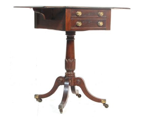 A 19th century George III mahogany drop leaf ladies tripod workbox table. The table raised on a turned column with splayed su