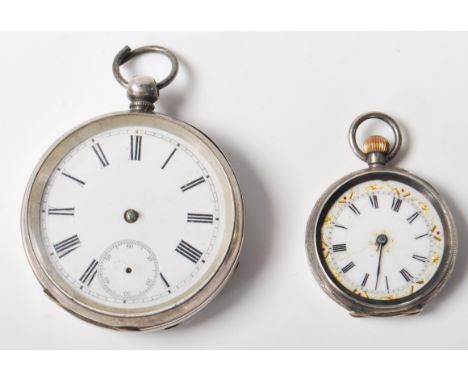 Two antique silver pocket watches to include one having engine turned decoration with a cartouche panel to the centre, the ot