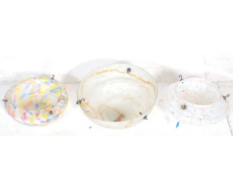 A collection of 3 vintage art deco 1930s frosted and coloured tutti frutti mottled glass dome shaped ceiling light shades wit