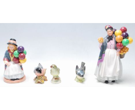 Two 20th Century Royal Doulton figurines to include Balloon Girl HN 2818 and Biddy Pennyfarthing HN 1843, together with three