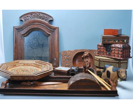 An extensive collection of vintage 20th Century wooden jewellery boxes, wooden trays with hand carved motifs, mother of pearl