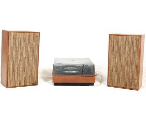A vintage retro teak wood cased record player with a Garrard Transcription Model AP78 deck together with a pair of H.J. Leak 