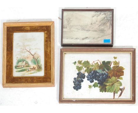 A group of antique pictures to include a 19th Century needlework landscape scene having an intricately stitched scene depicti