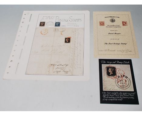 The First Postage Stamps - a collection of philatelic history, comprising two 1d Penny Black stamps and a 2d Two Penny Blue s