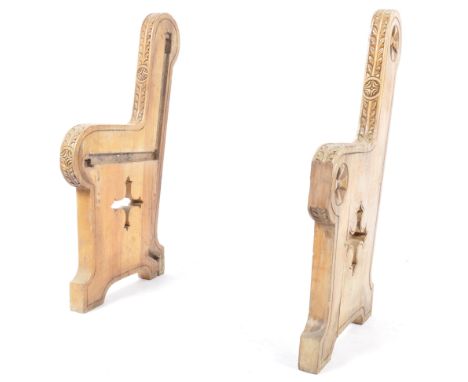 A pair of antique early 20th century unusual anglo-colonial church pew bench ends. Each of hardwood construction with carved 