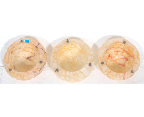 A collection of 3 vintage art deco 1930s frosted&nbsp; tutti frutti dome shaped mottled glass ceiling light - lamp shades wit