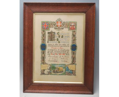 A WWI First World War 1914-1919 St John Auxiliary Hospital recognitions&nbsp;certificate for Private C.&nbsp;Parr. in recogni