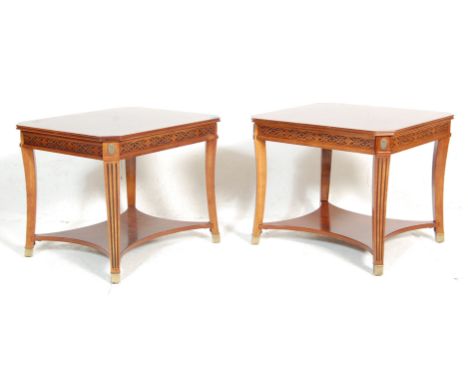 A good pair of Chinese Chippendale Regency revival side / lamp tables. Each table with quarter veneer crossbanded table tops 