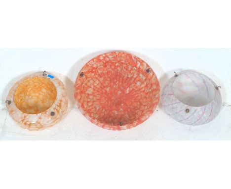 A collection of 3 vintage 1930s art deco&nbsp; coloured tutti frutti mottled dome shaped glass ceiling light - lamp shades wi