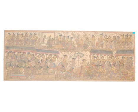 A large Indonesian believed early 20th century screen print on fabric diorama scene of a court scene with male and female dan