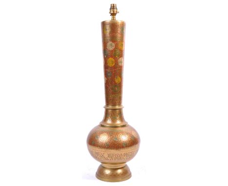 A mid century Indian art brass table lamp. Brass baluster form with bulbous centre having tall waisted tapering neck. Chase c
