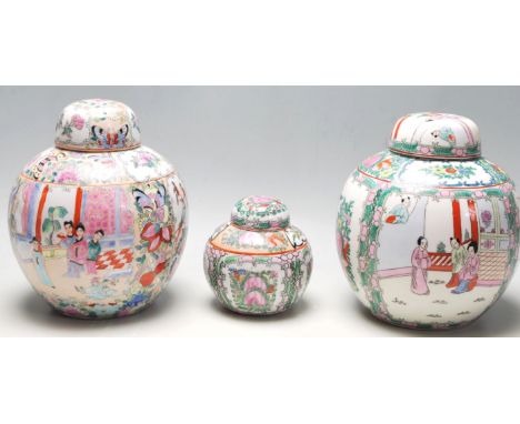 A group of three 20th Century canton ceramic famille rose ginger jars each having narrative panels to the sides depicting dom