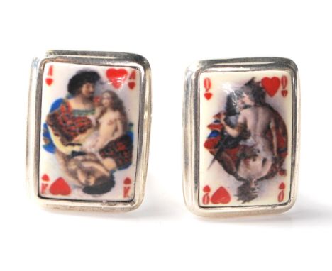 A pair of stamped Sterling Silver cufflinks with an erotic study of the Queen of Hearts and the Ace of Hearts. Weighs 13g. Me