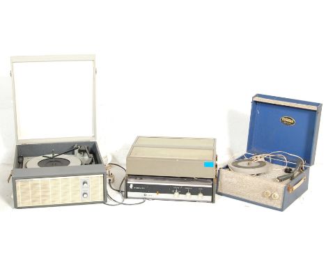 A collection of three retro vintage 1950s record players / turntables to include a Dansette Popular turntable, a Fidelity Due