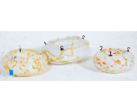 A collection of 3 vintage 1930s art deco coloured and frosted glass tutti frutti mottled glass dome shaped ceiling light shad