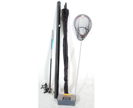 A collection of fishing equipment, to include carbon fibre and wooden fishing rails with cork handle, plastic toolbox with fi