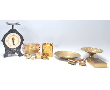 A collection of 20th Century brass ware to include a set of vintage weighing scales,&nbsp; brass English Breakfast tea caddy,