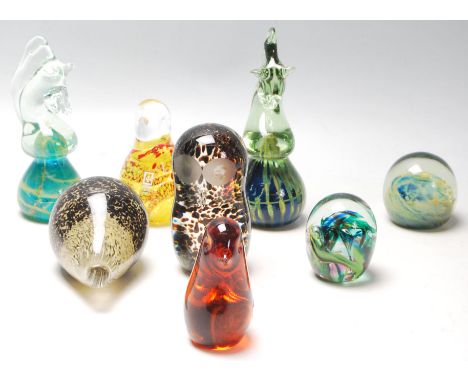 A good collection of eight mid century vintage retro studio art glass paperweights to include: Murano, Madina horse,&nbsp;owl