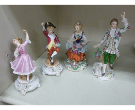 A pair of 20thC Continental porcelain figures, a dancing boy and girl, on floral encrusted plinths  6''h; and two contemporar