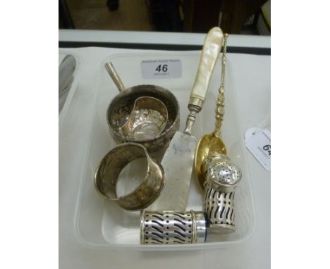 Small silver ware: to include a butter knife with a mother-of-pearl handle; and an early 19thC punch ladle bowl  mixed marks 