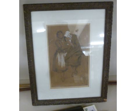 Pictures: to include mid 19thC Italian School - a full length portrait of one woman consoling another  colour & sketch  bears