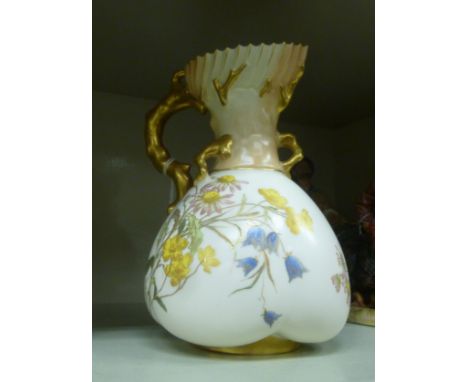 A late Victorian Royal Worcester porcelain nautical themed blush ivory jug, decorated with flowers  9''h        OS4