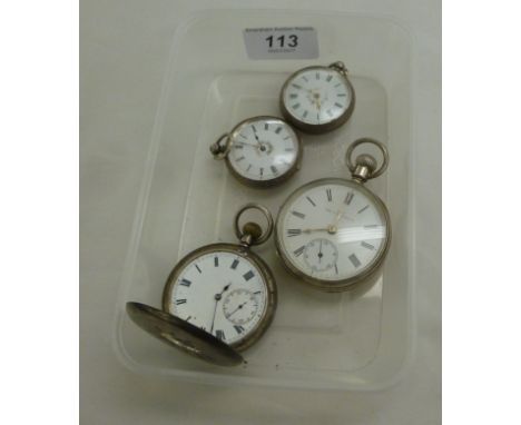 Four silver cased watches, viz. two ladies fob watches; and one larger; and a half hunter, each faced by a white enamel Roman