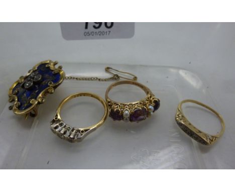 An 18ct gold three stone, claw set diamond ring; a 9ct gold ring set with alternating amethysts and seed pearls; a yellow met