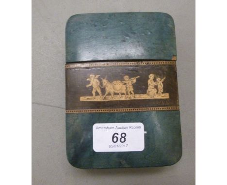 An early 20thC turquoise stained and marquetry two part playing card case, decorated in panels, featuring cherubic figures wi