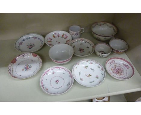 New Hall and other contemporary tea bowls, saucers and two small, footed bowls          OS2