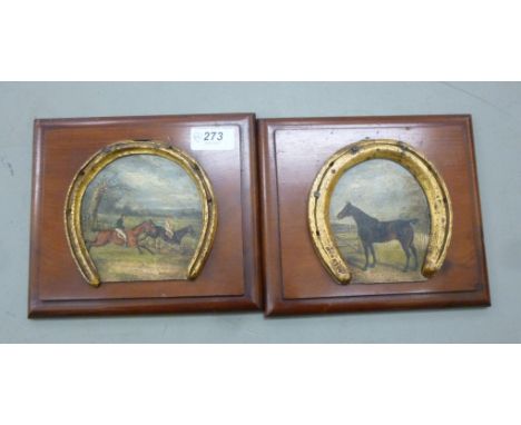 A pair of late 19th/early 20thC equestrian studies, one featuring a mare standing by a gate, the other, steeplechasing in a l