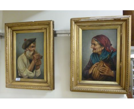 Late 19thC Continental School - a pair of bead and shouldered portrait studies, an elderly peasant woman, holding a wine bott