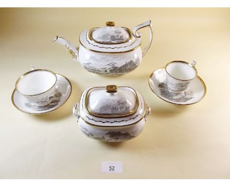 An early 19th century Spode tea and coffee service bat printed country scenes comprising: teapot, milk jug, covered sugar slo