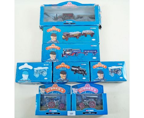 A group of eight Corgi Dibnah's steam road vehicles including Fowler B6 Crane engine and log trailer - all boxed