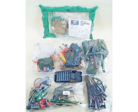A group of Palitoy Action Man accessories: special operations tent, rifles, machine guns, mortar, rope ladder, outboard motor