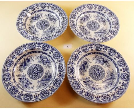 Four Spode blue and white transfer print Pearlware soup plates 'Trophies-Etruscan' pattern c.1825