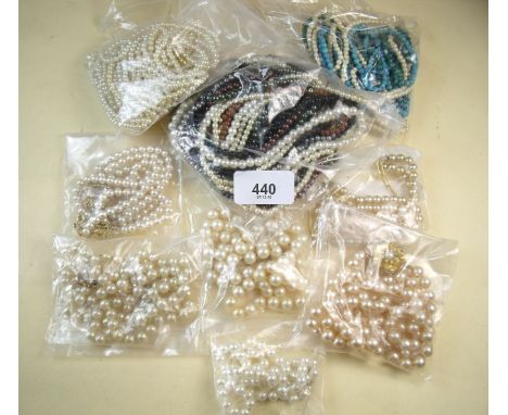 A group of nine various pearl necklaces - three with clasps for twisting and six various other lengths