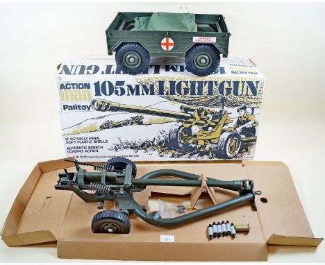 A Palitoy Action Man 150mm light action gun - boxed with shells, explosives trailer and cover