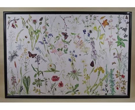 An oil on board panel of wild flowers and insects - 90 x 60cm
