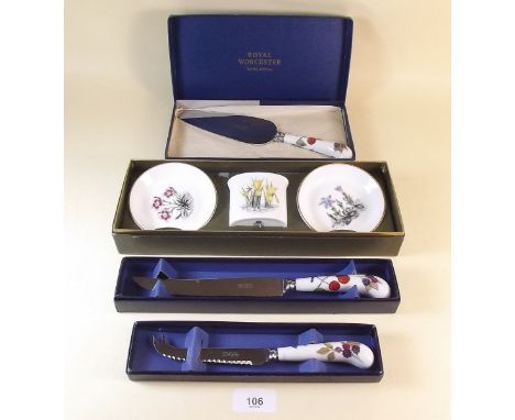 A Royal Worcester cake knife, cheese knife, cake slice - all boxed, and a boxed set of two pin dishes and a bud vase