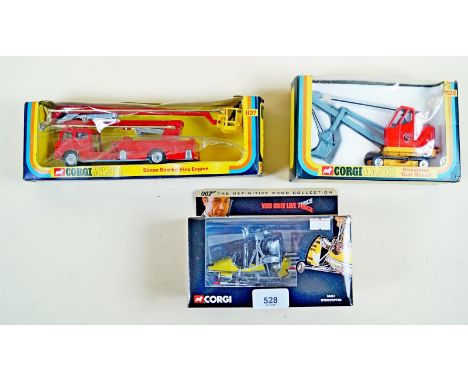 A Corgi Major Simon Snorkel Fire Engine with a Corgi Major Priestman 'Cub' shovel and a Corgi 007 Gyrocopter - boxed