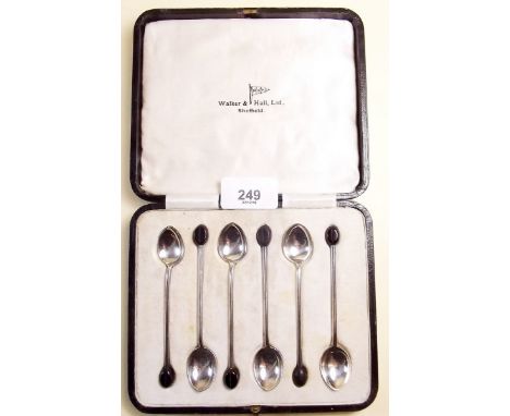 A set of six Walker and Hall silver coffee bean finial spoons - cased